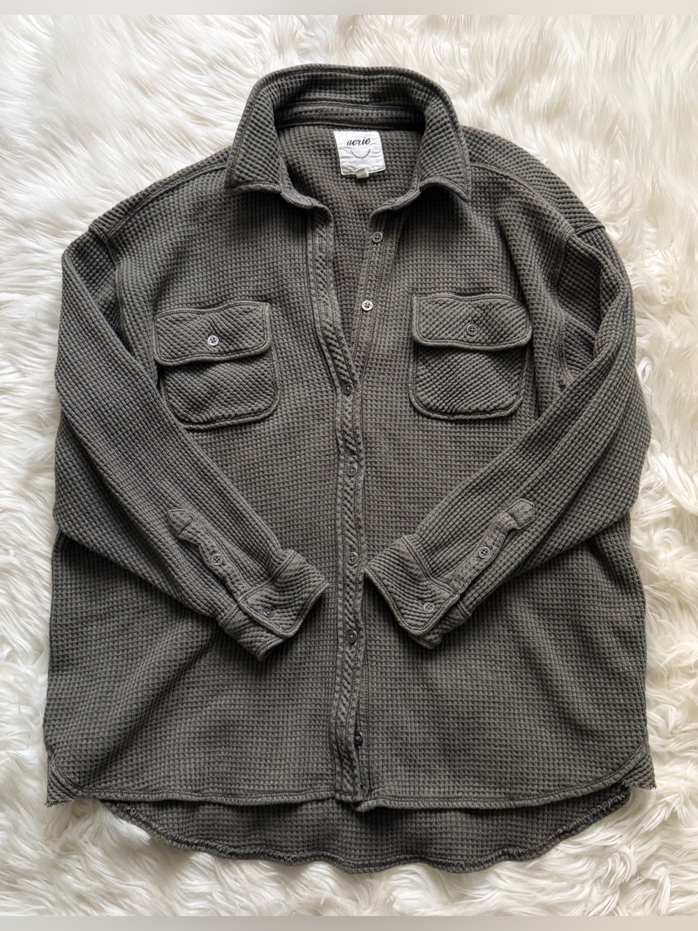 Aerie Lumber Jane Waffle Knit Oversize Button Down Long Sleeve Top Green Small